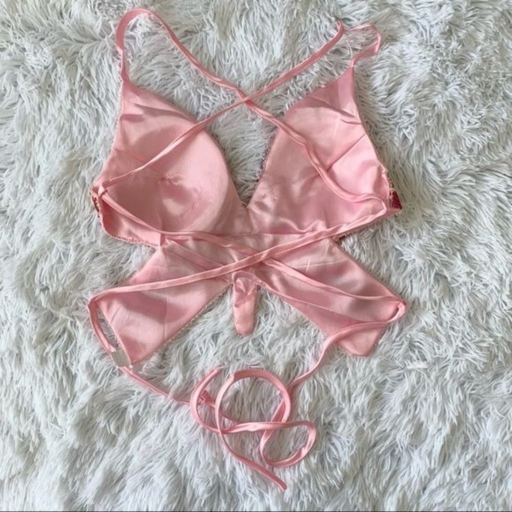 NWT Y2K Butterfly Sequin Pink Crop Top Sexy Cami Self Tie Mariah Carey Backless - Picture 8 of 12
